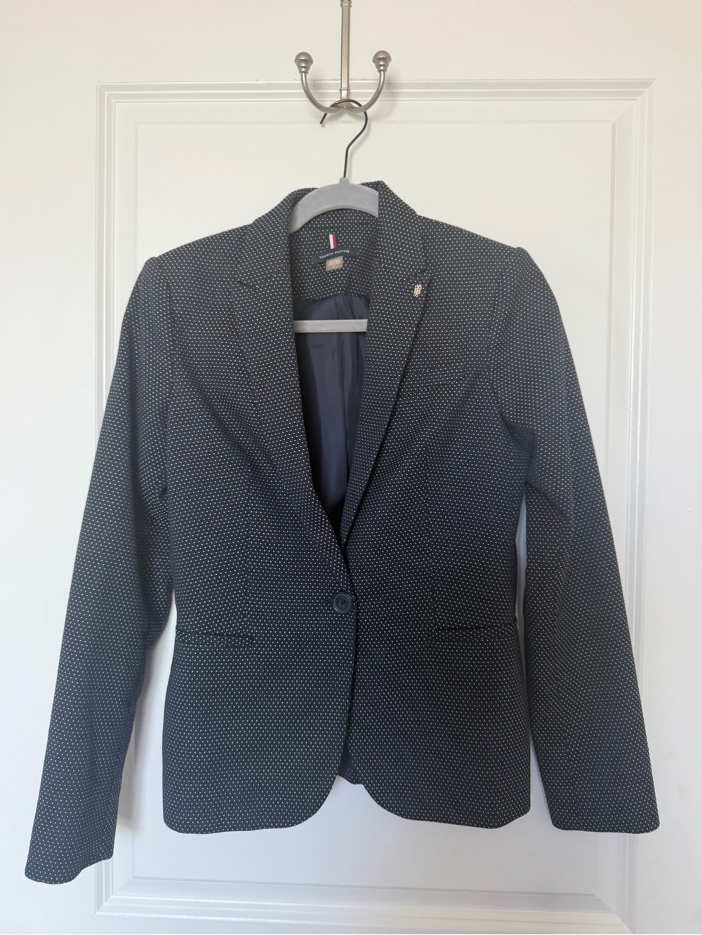 Tommy Hilfiger Women's Navy White Polka Dot One-Button Collared Blazer